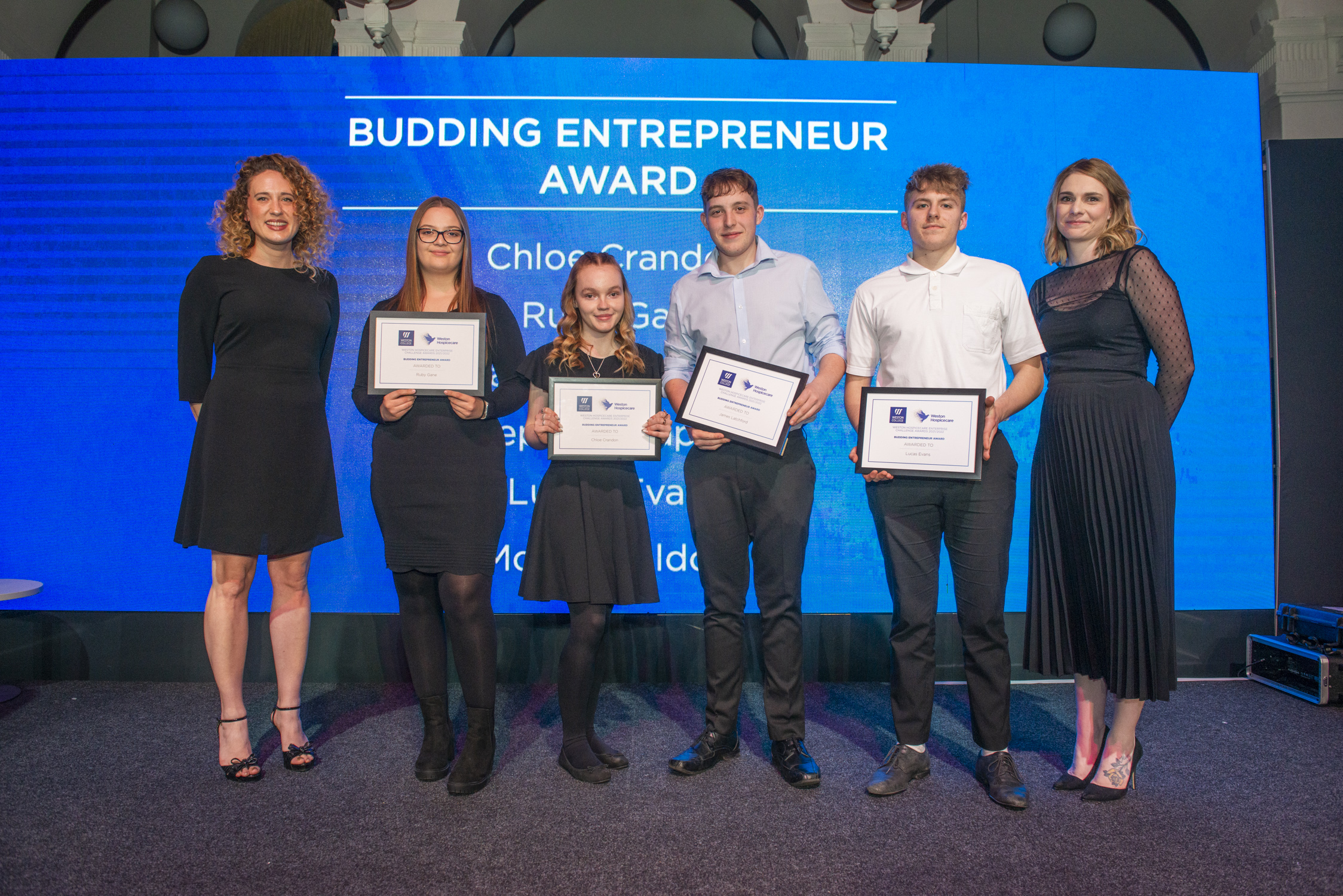 Budding Entrepreneur Award - (Left to Right) Ruby Gane, Chloe Crandon, James Latchford and Lucas Evans (Winners not in attendance - Stephen Clapham and Morgan Aldous)