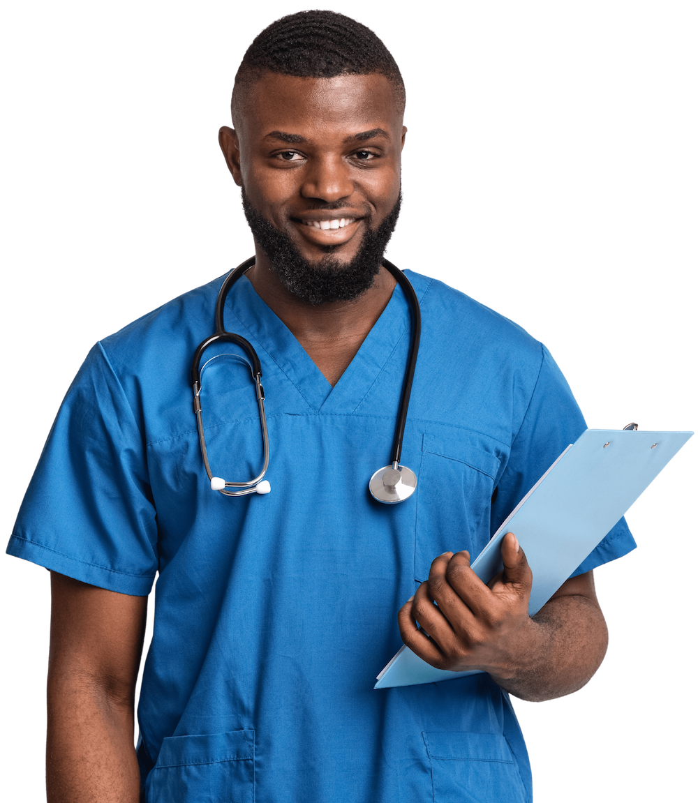 male nurse smiling holding a clipboard