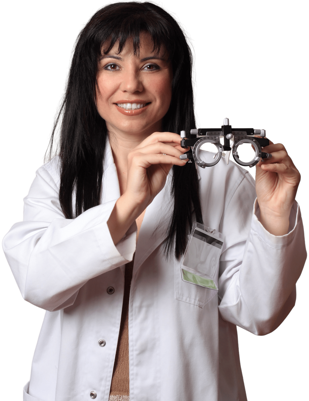 women smiling with orthopaedic glasses in her hands