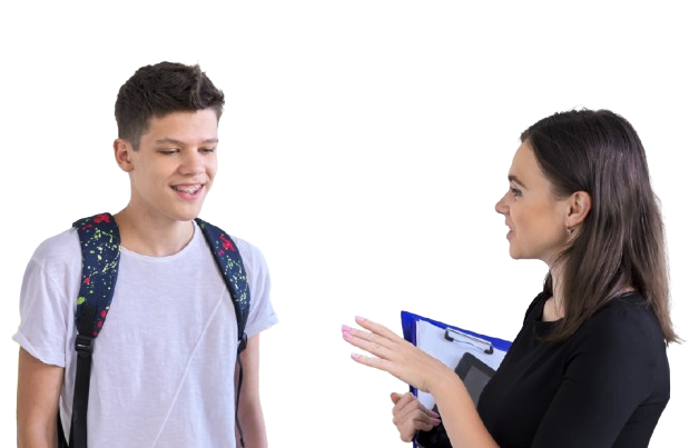 female teacher talking to male student