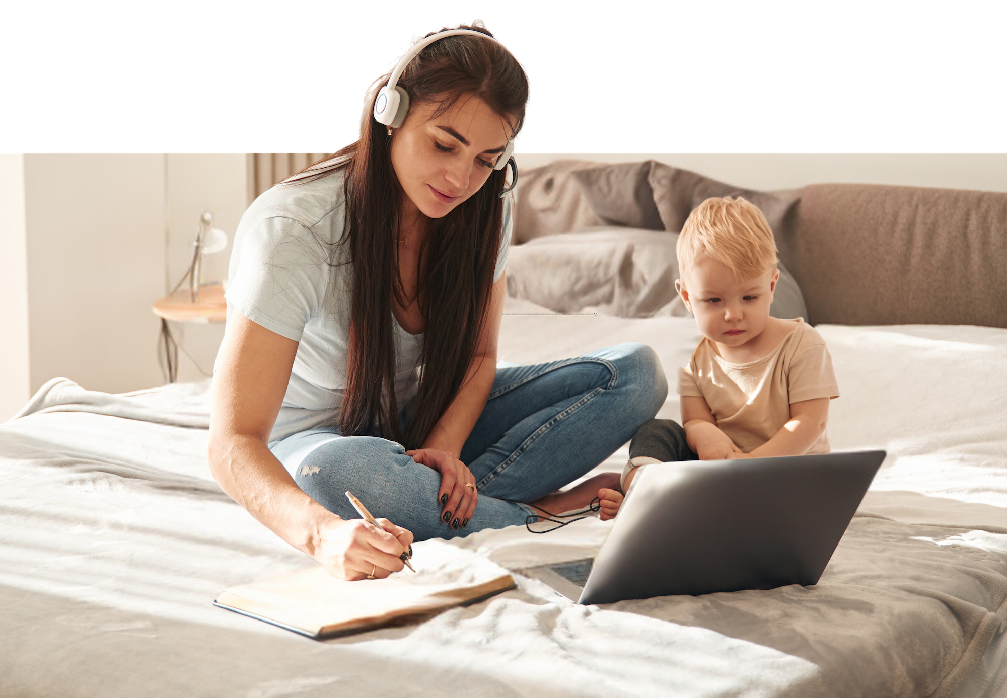 young student learning from home with her child
