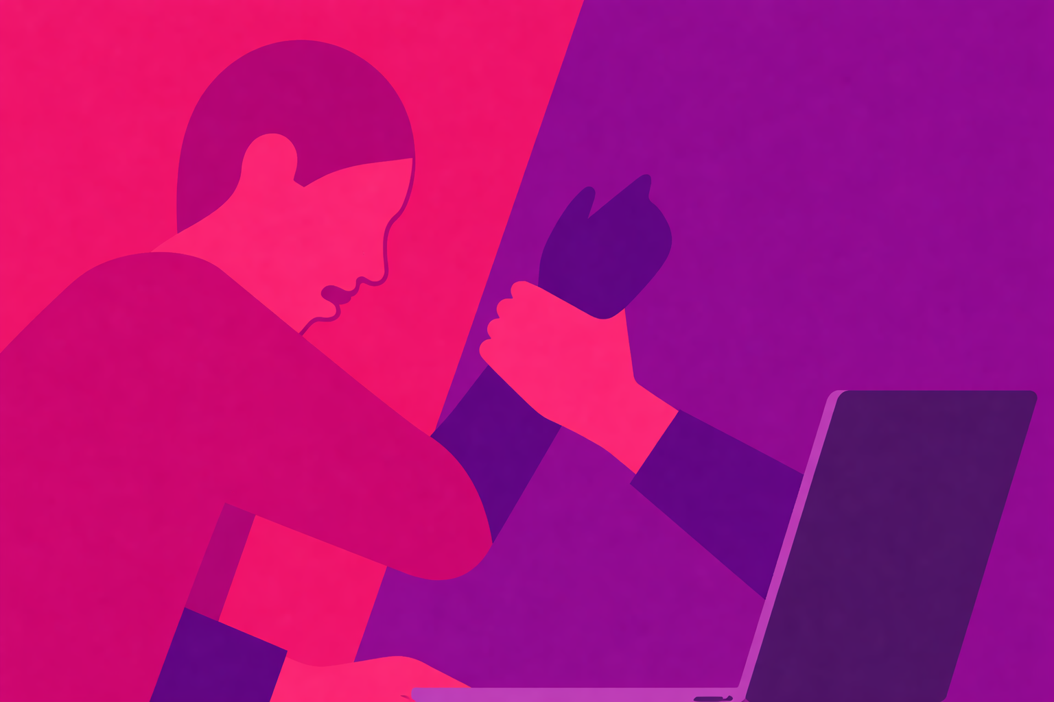 Flat illustration of two figures arm-wrestling in with a laptop beside them.