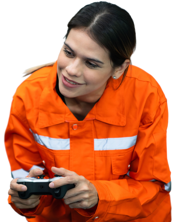 young female test engineer in orange jumpsuit