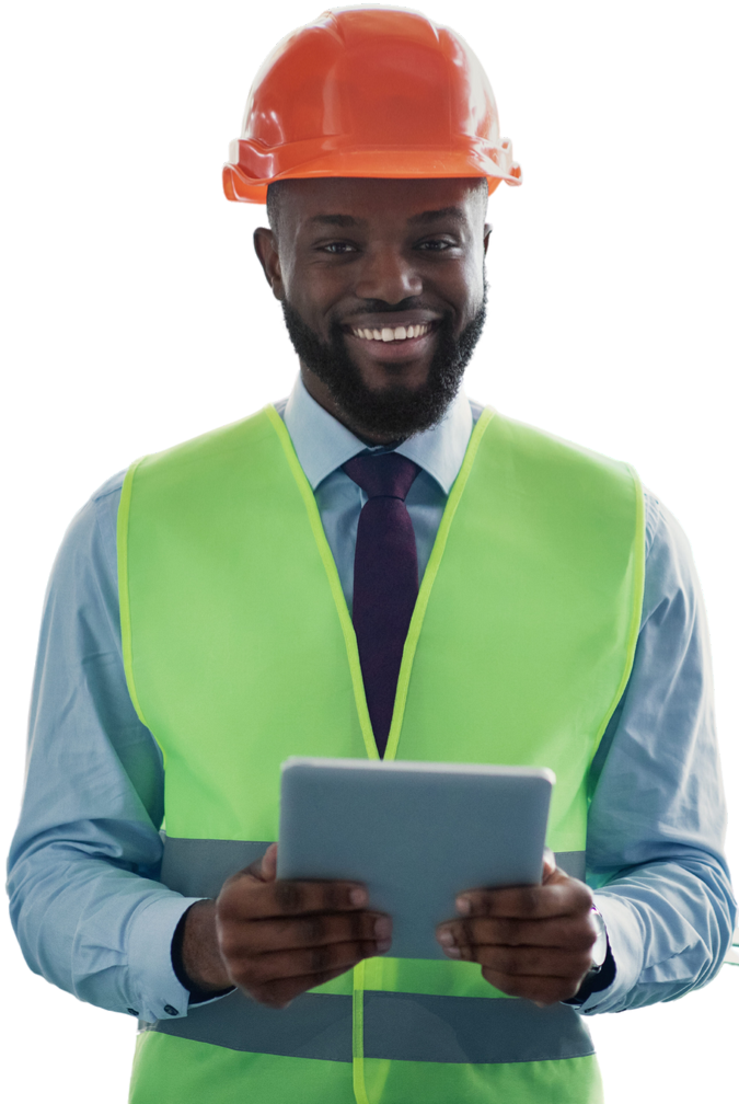 smiling civil engineer holding ipad