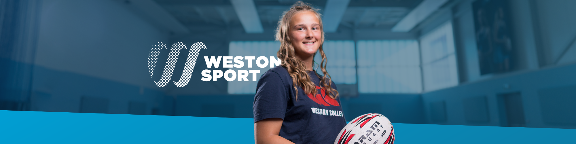Weston Sport Academy logo next to female rugby player student