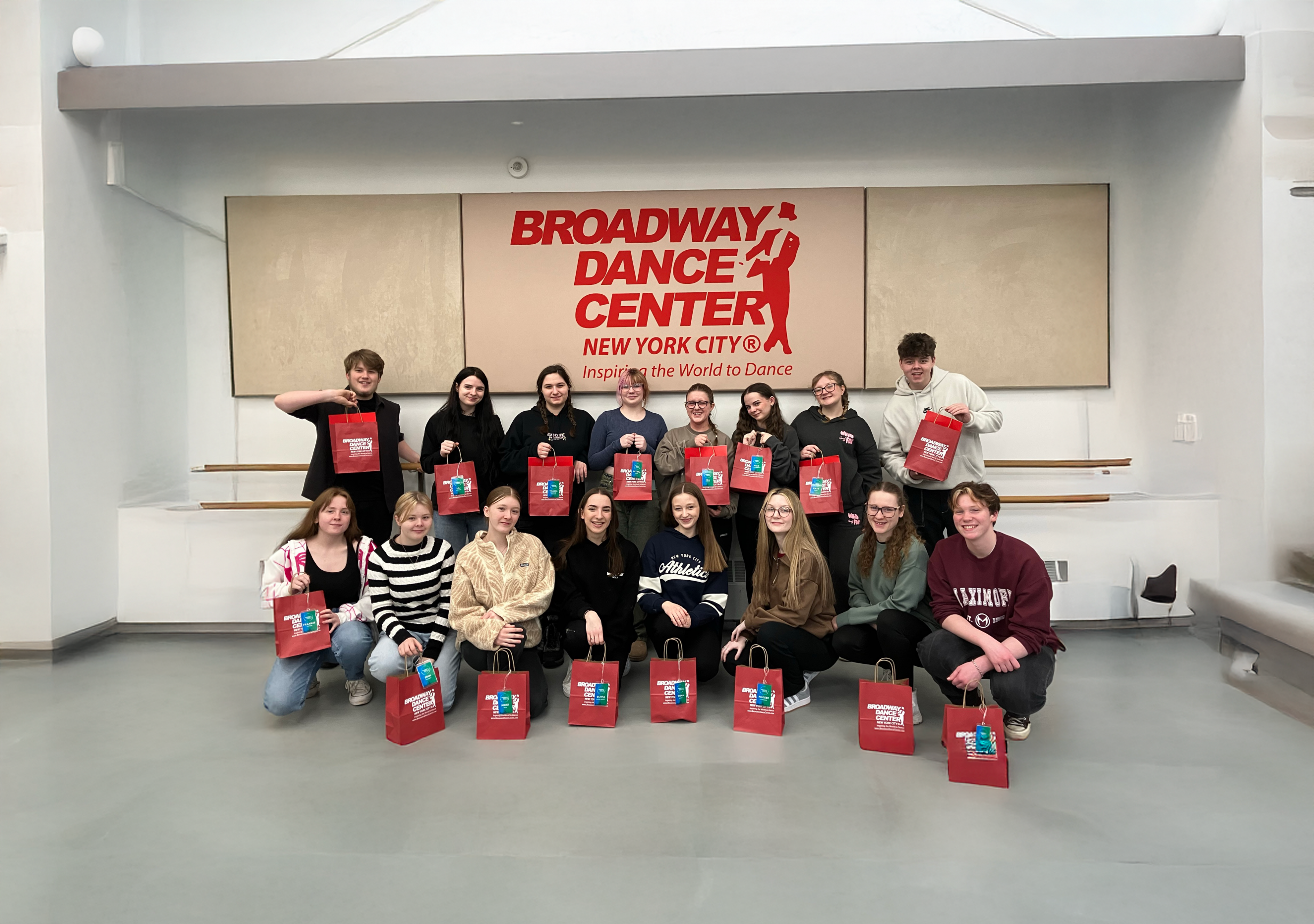 Performing Arts students posing in front of the Broadway Dance Centre