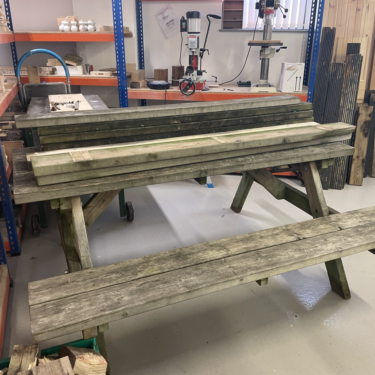 Old picnic benches that the learners will be restoring