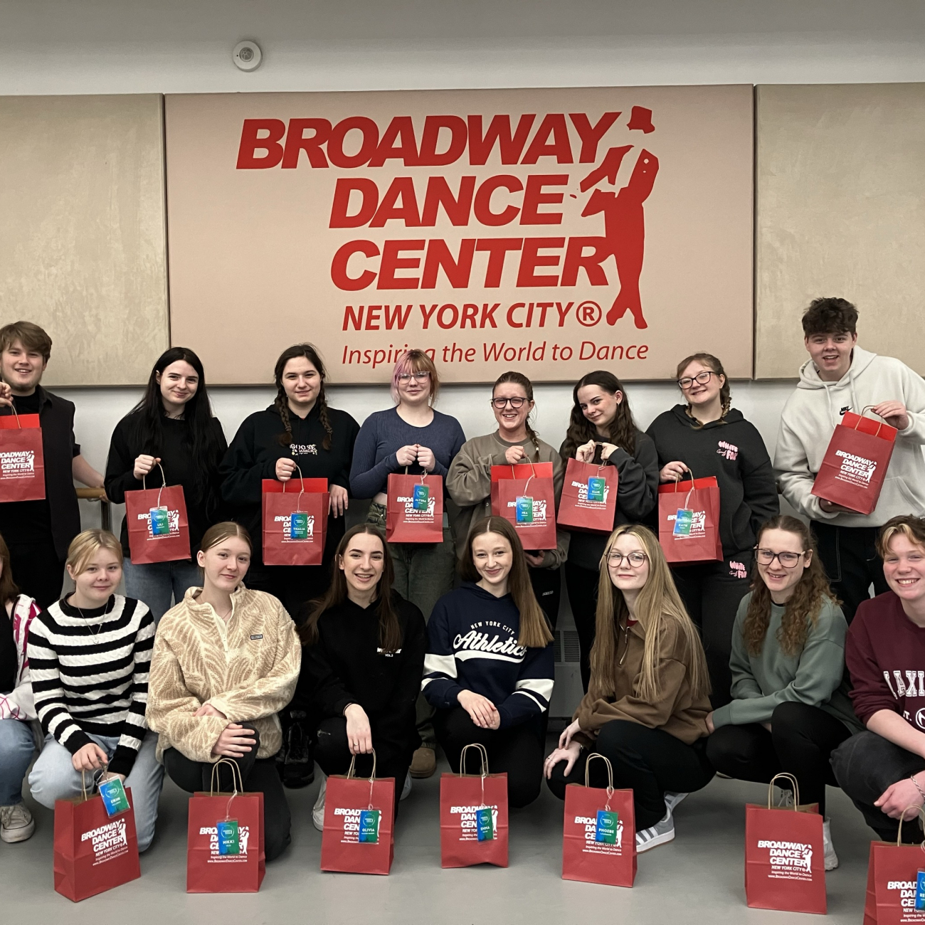 Performing Arts students posing in front of the Broadway Dance Centre