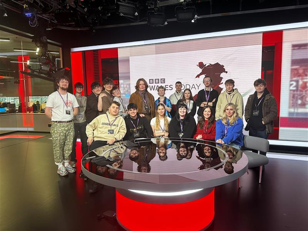 Students sitting in the BBC Wales Today news studio